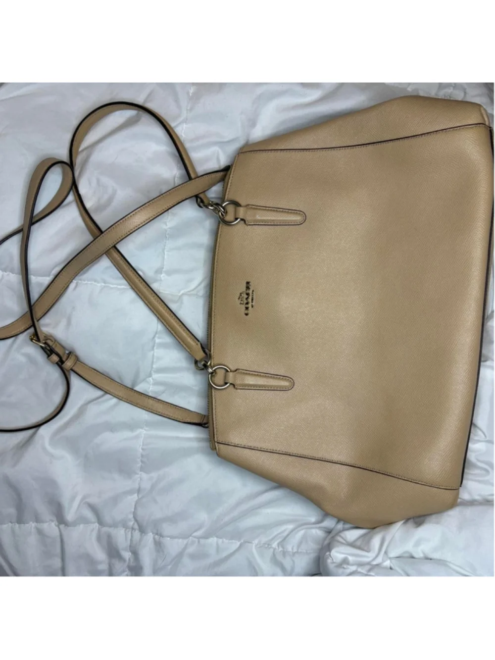 Large Authentic Coach beige leather satchel tote #coach #satchel crossbody strap